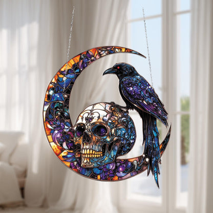 Raven on Skull and Crescent Moon Window Hanging – Gothic Halloween Decoration for Spooky Home Décor and Unique Seasonal Gift
