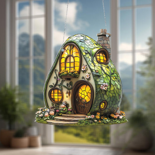 Whimsical Green Cottage Window Hanging – Enchanted Fairy House Ornament for Cozy Home Décor and Unique Gift for Nature Lovers