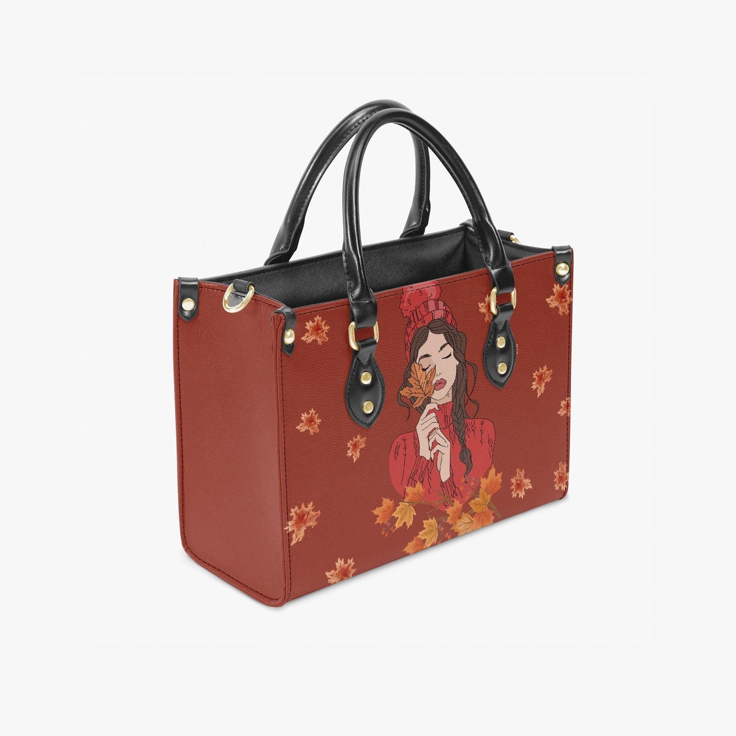 Fall Leaves Women Handbag | Autumn Girl Illustration Tote Bag | PU Leather Purse | Seasonal Cozy Aesthetic Gift for Her