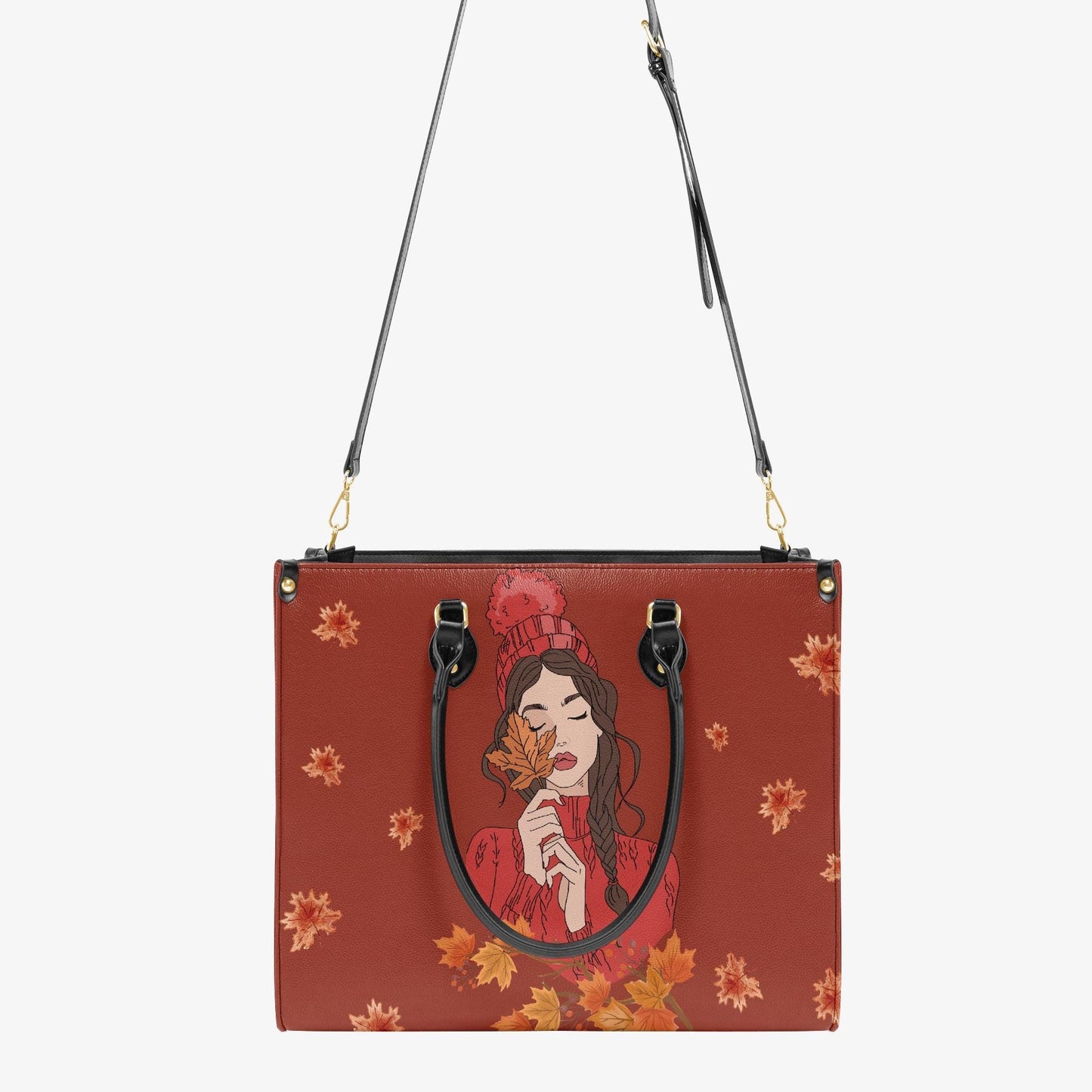 Fall Leaves Women Handbag | Autumn Girl Illustration Tote Bag | PU Leather Purse | Seasonal Cozy Aesthetic Gift for Her