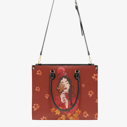 Fall Leaves Women Handbag | Autumn Girl Illustration Tote Bag | PU Leather Purse | Seasonal Cozy Aesthetic Gift for Her