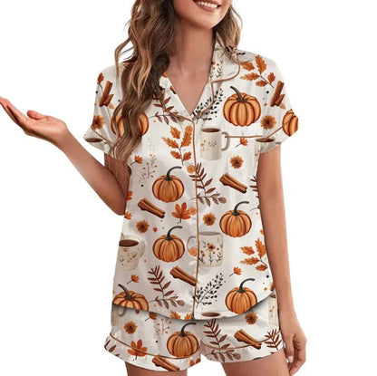 Pumpkin Spice Fall Satin Pajamas Set  Pajamas Set