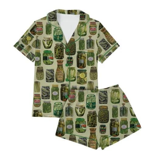 Dill Pickle Collage Satin Pajama Set For Women Pajamas Set – Simple-kool