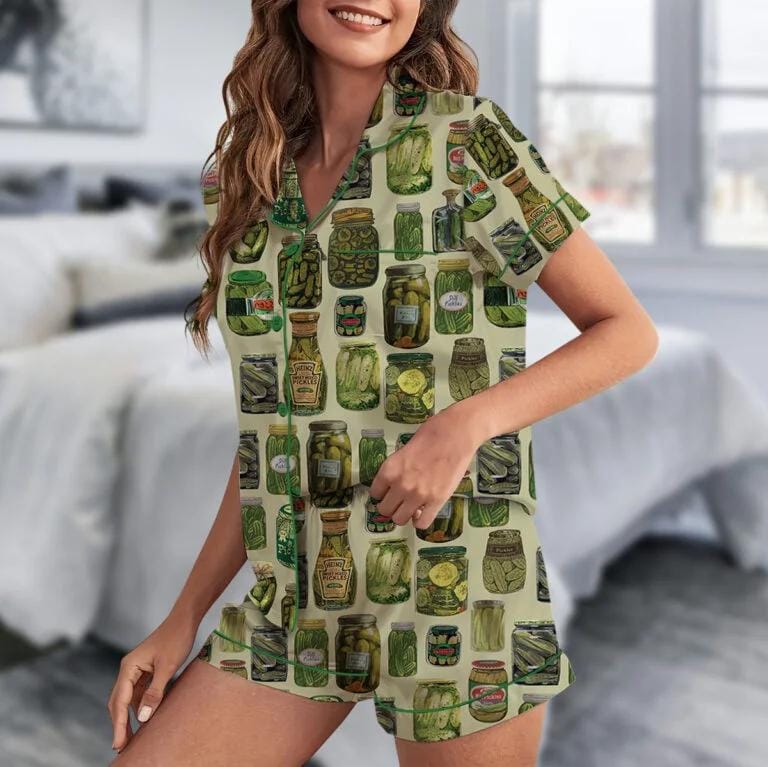 Dill Pickle Collage Satin Pajama Set For Women Pajamas Set – Simple-kool