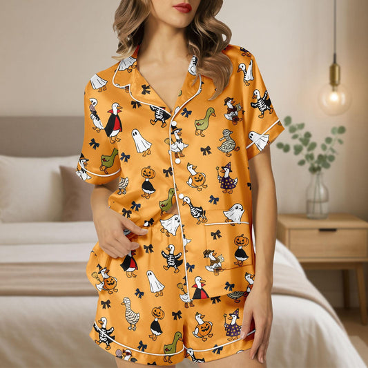 Halloween Duck Ghost Pumpkin Pajamas, Cute Ghost Pajama Shorts, Spooky Satin Sleepwear, Halloween Lounge Set, Pumpkin Halloween Gift
