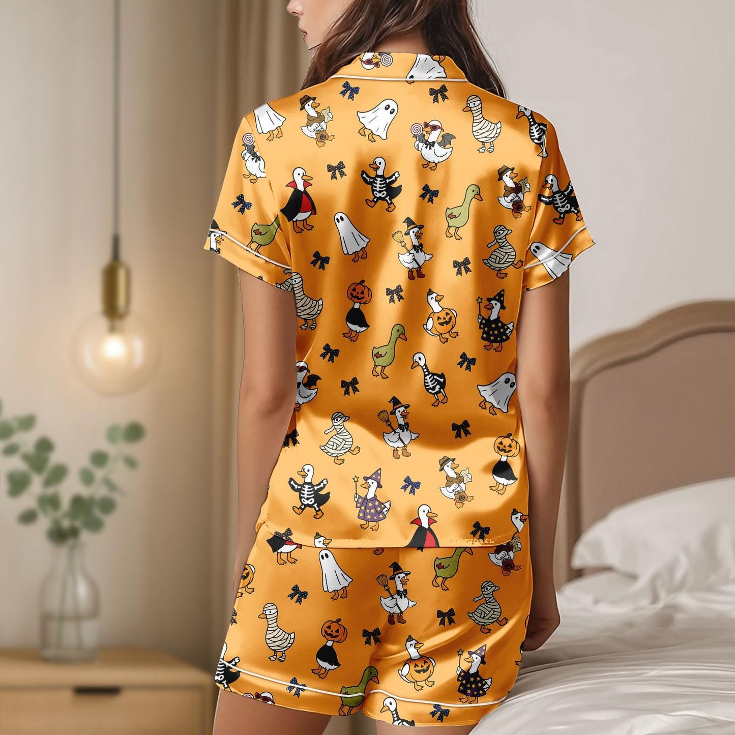Halloween Duck Ghost Pumpkin Pajamas, Cute Ghost Pajama Shorts, Spooky Satin Sleepwear, Halloween Lounge Set, Pumpkin Halloween Gift