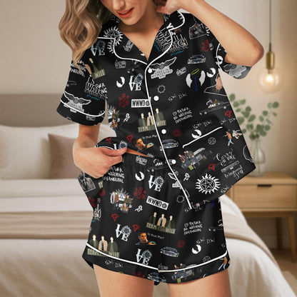 Supernatural Satin Pajamas Shorts, TV Show Pajama Set, Halloween Sleepwear, Fandom Satin Lounge Set, Cosplay Pajamas for Adults