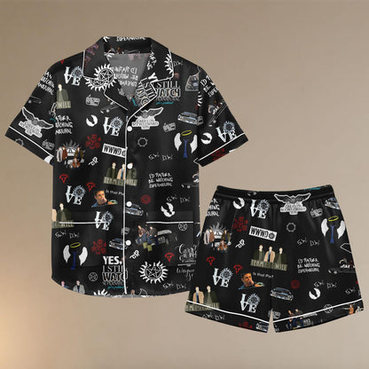 Supernatural Satin Pajamas Shorts, TV Show Pajama Set, Halloween Sleepwear, Fandom Satin Lounge Set, Cosplay Pajamas for Adults