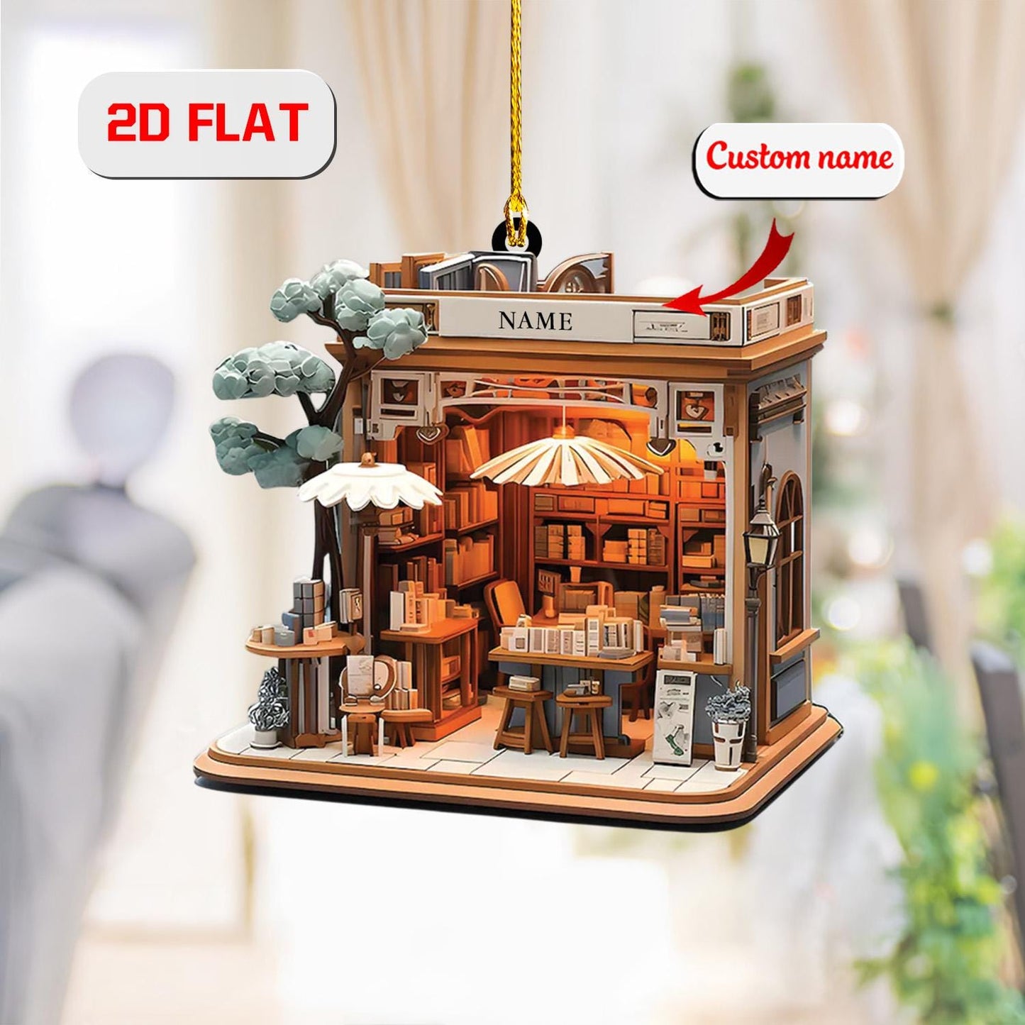 2D Custom Bookstore Ornament,Personalized Library Christmas Ornament with Name, Unique Gift for Book Lovers, Teachers, Writers Holiday Decor