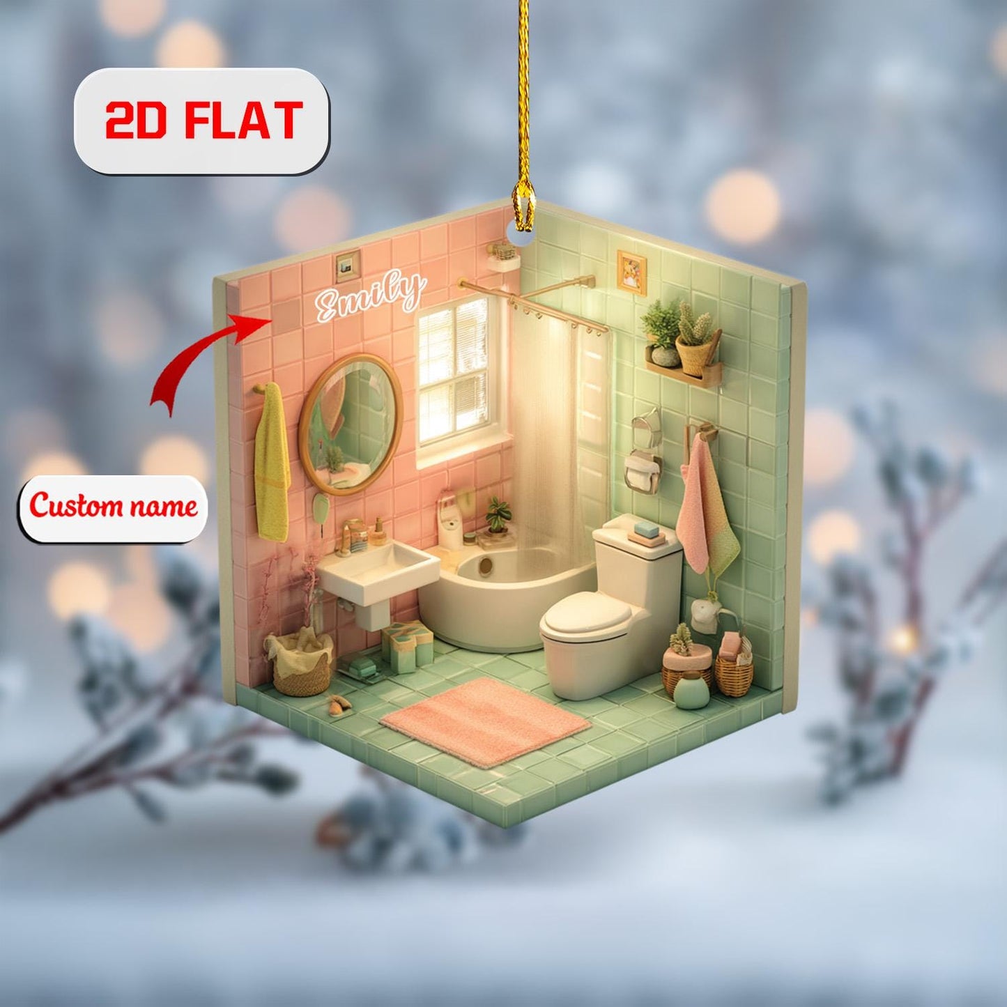 2D Custom Bathroom Ornament, Personalized Funny Christmas Ornament with Name, Unique Home Decor Gift, Housewarming Ornament