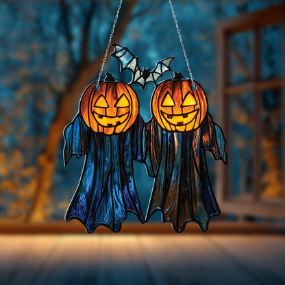 Halloween Pumpkin Ghost Duo Window Hanging, Spooky Autumn Decor, Gothic Jack O’Lantern Ornament for Fall and Halloween Decoration