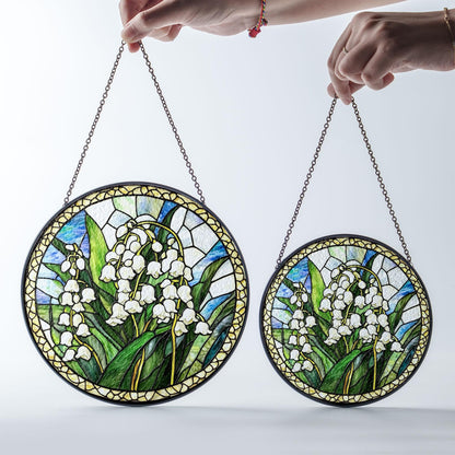Lily of the Valley Stained Glass Suncatcher, Round Hanging Window Panel, Floral Garden Home Decor, Handmade Glass Art Gift for Her