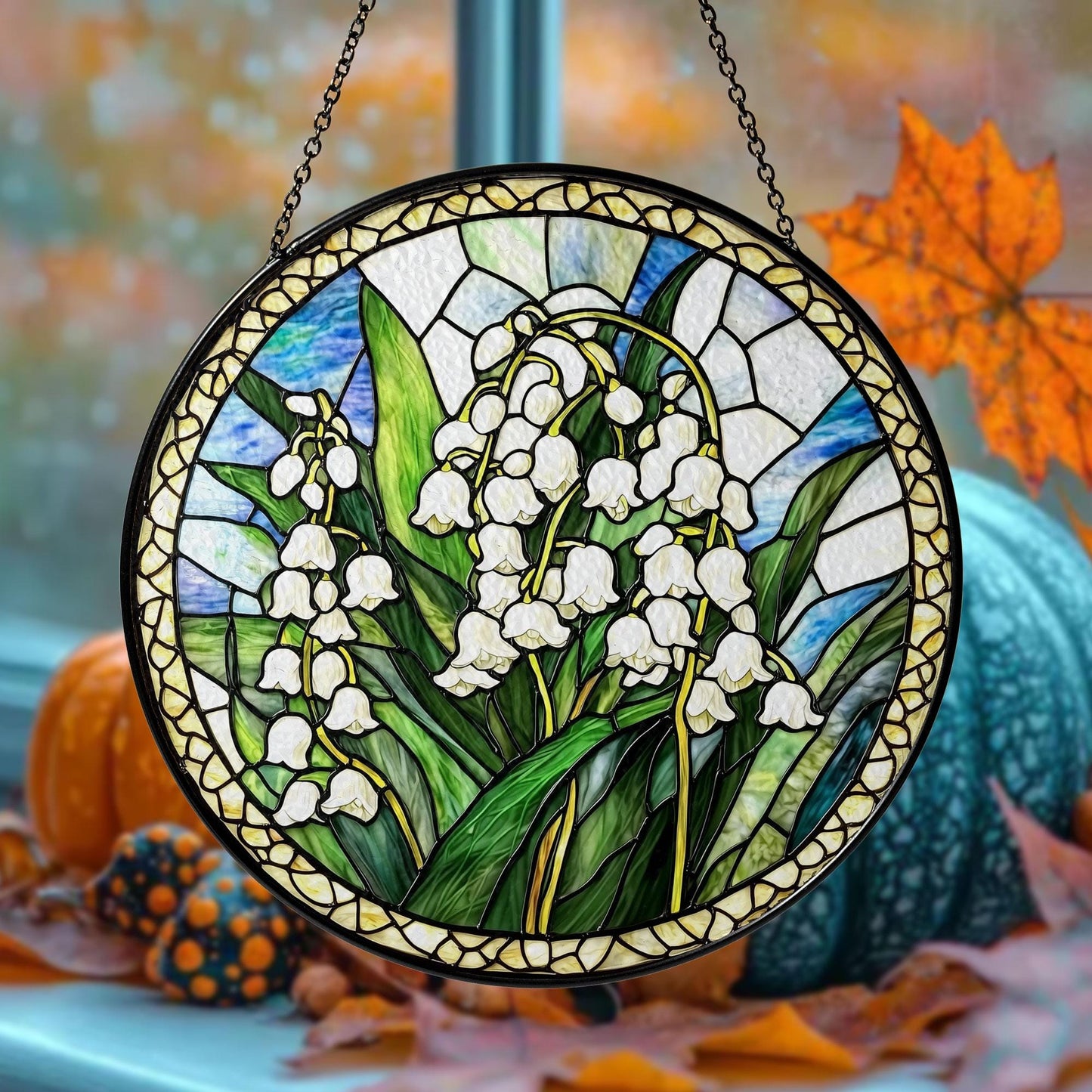 Lily of the Valley Stained Glass Suncatcher, Round Hanging Window Panel, Floral Garden Home Decor, Handmade Glass Art Gift for Her