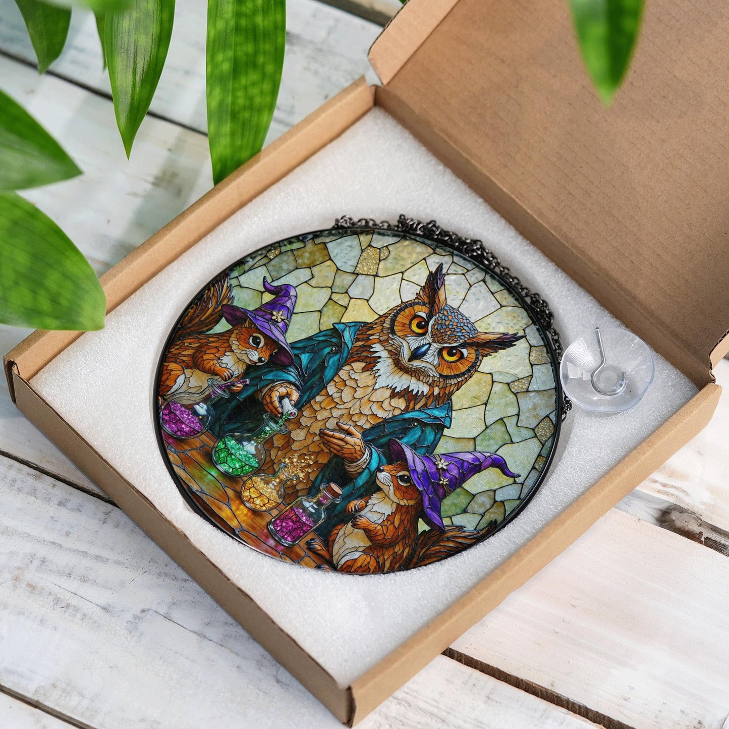 Suncatcher stained glass owl with potion bottles Halloween gift for mom Christmas gift