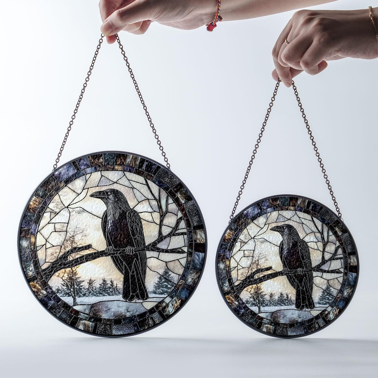 Raven Stained Glass Suncatcher, Round Hanging Window Panel, Black Bird on Branch, Gothic Winter Forest Home Decor, Handmade Glass Art Gift