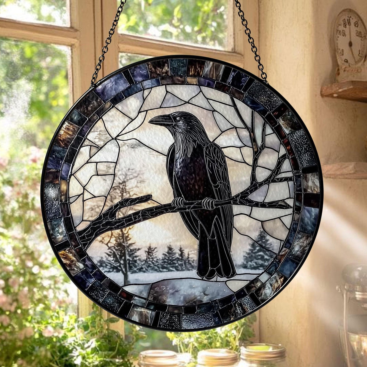 Raven Stained Glass Suncatcher, Round Hanging Window Panel, Black Bird on Branch, Gothic Winter Forest Home Decor, Handmade Glass Art Gift