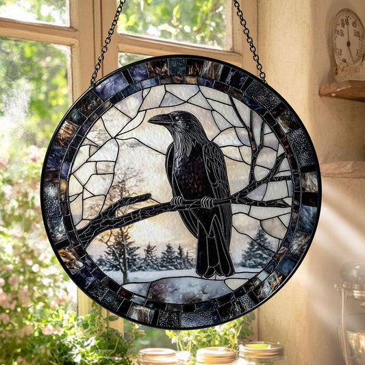 Raven Stained Glass Suncatcher, Round Hanging Window Panel, Black Bird on Branch, Gothic Winter Forest Home Decor, Handmade Glass Art Gift