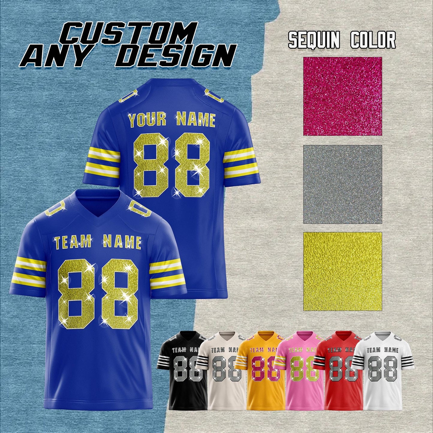 Custom Football Jersey: Sequins Glitter Text, Stitched Name & Number for Men Women Youth