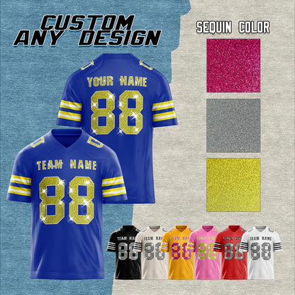 Custom Football Jersey: Sequins Glitter Text, Stitched Name & Number for Men Women Youth
