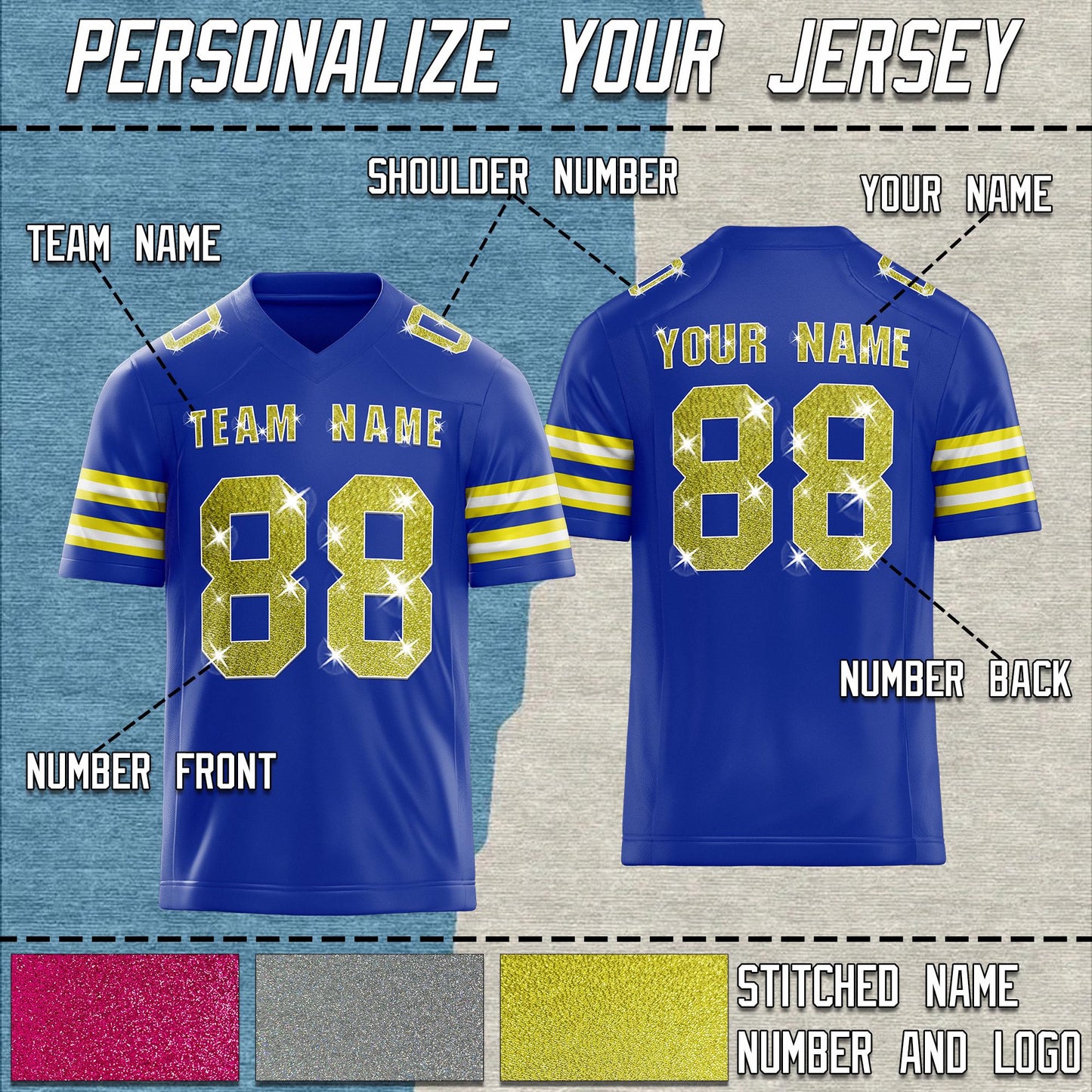 Custom Football Jersey: Sequins Glitter Text, Stitched Name & Number for Men Women Youth