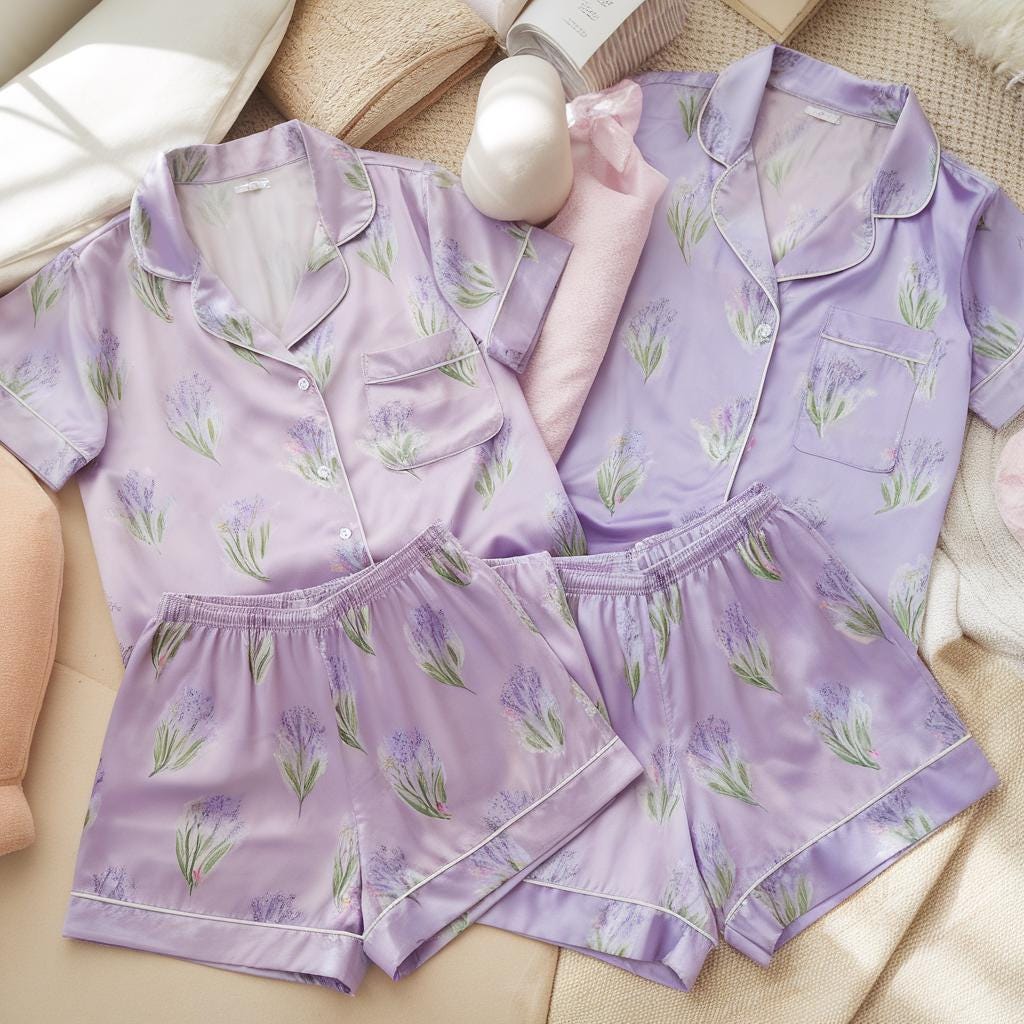 Floral Bridesmaid Satin Pajamas Set, Bridesmaid Pajamas, Lavender Floral Pjs, Wedding Pajamas, Bridal Pajamas, Bridal Gift, Bachelorette Pjs