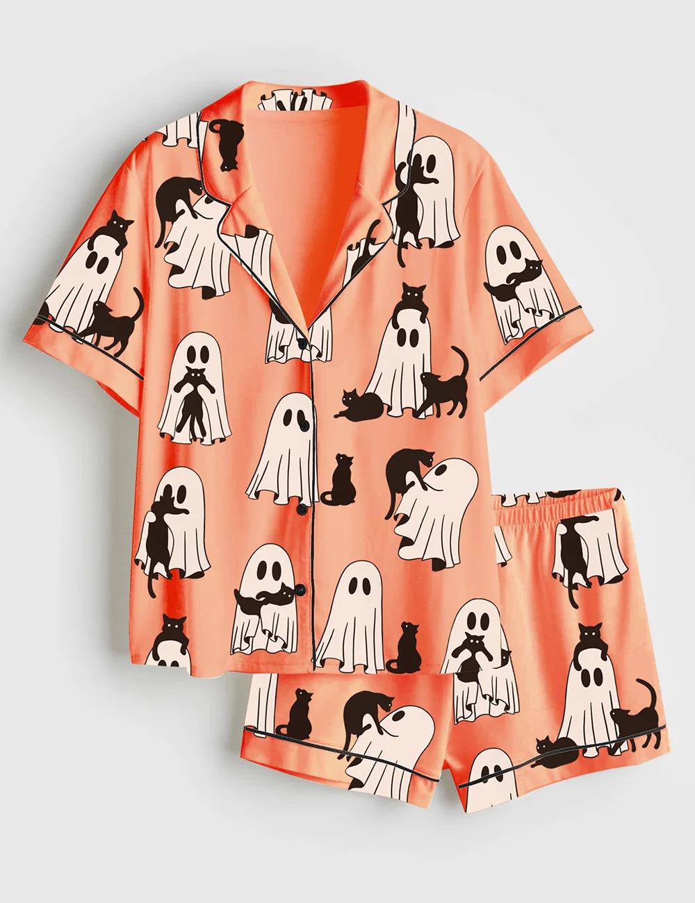 Women’s Ghost Cat Retro Ghost Halloween Spooky Season Short Sleeve Satin Pajama Set, Pajamas short Long Set Gift For Women