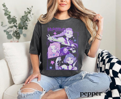 Demon hunters kpops comfort colors shirt jinu manga anime graphic tee Korean pop streetwear Huntrix kpop shirt demon hunter merch fan top
