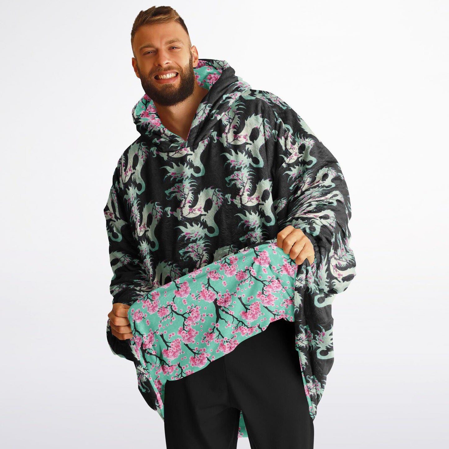 Reversible Snug Hoodie Arizona Green Tea Print Fluffy Hoodie Floral Wearable Blanket with Hood Cherry Blossom Giant Snuggie