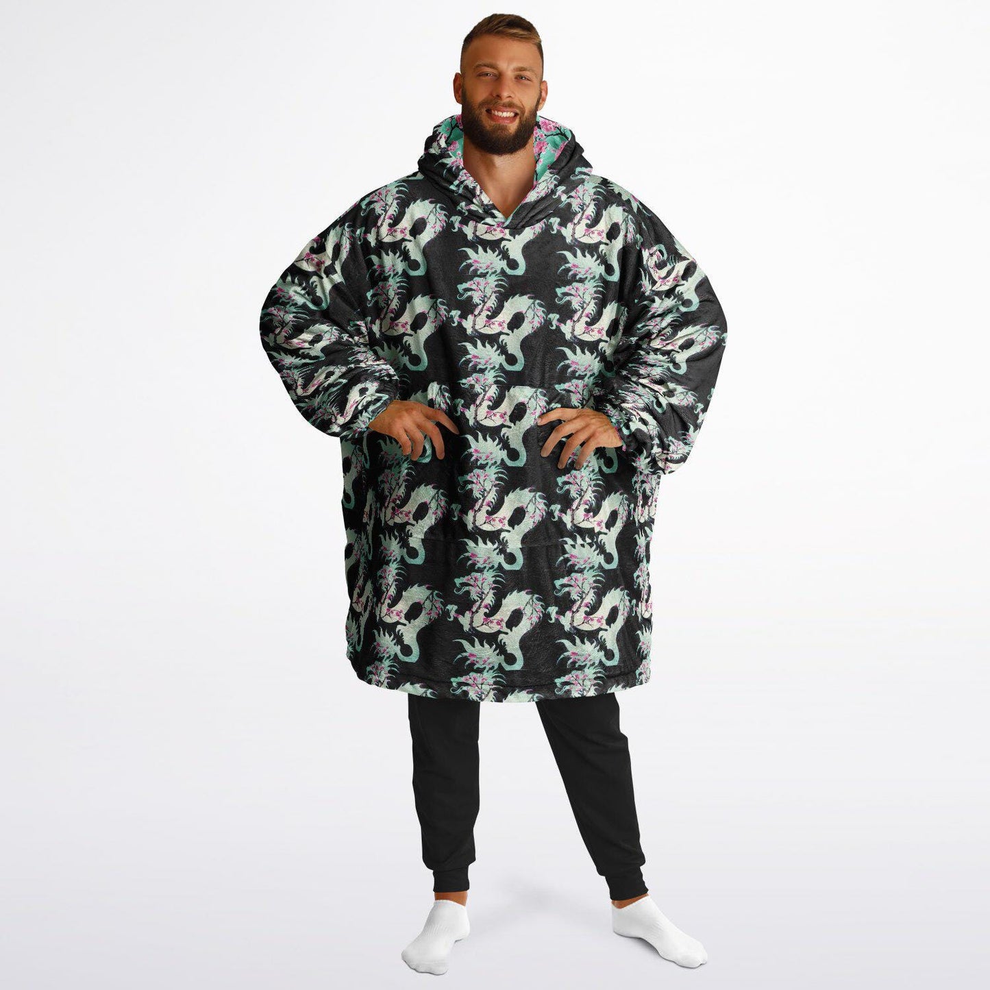 Reversible Snug Hoodie Arizona Green Tea Print Fluffy Hoodie Floral Wearable Blanket with Hood Cherry Blossom Giant Snuggie