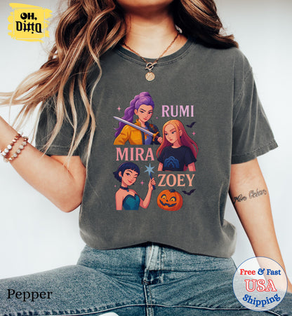 Huntrix Girls Halloween TShirt, Demon Hunters Shirt, Huntrix Girls T Shirt, Mira Rumi Zoey Shirt, Gift For Kpop Fan, Kpop Movie Shirt