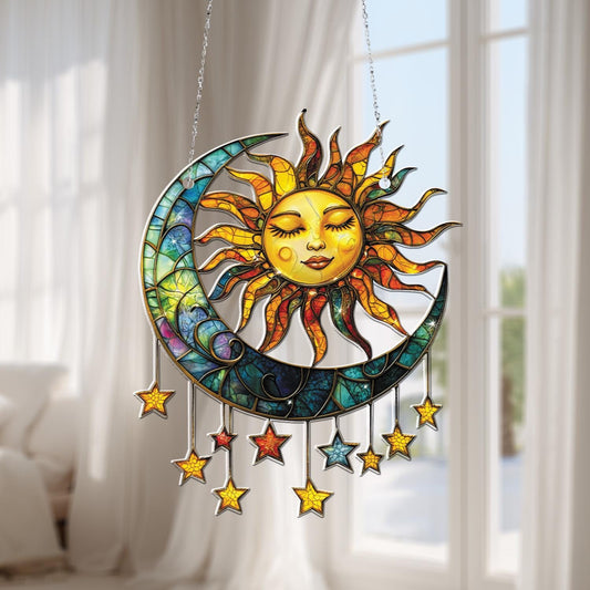 Colorful Moon and Sun Window Hanging with Stars, Unique Celestial Decor Gift for Home, Boho Style Art for Special Occasions