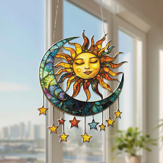 Colorful Moon and Sun Window Hanging with Stars, Unique Celestial Decor Gift for Home, Boho Style Art for Special Occasions
