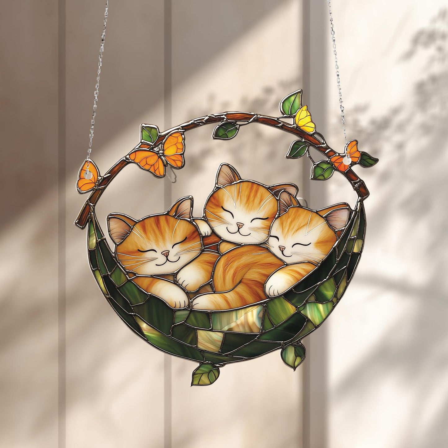Adorable Three Cats Window Hanging with Butterflies, Cozy and Cute Feline Decor Gift for Cat Lovers and Warm Home Decoration
