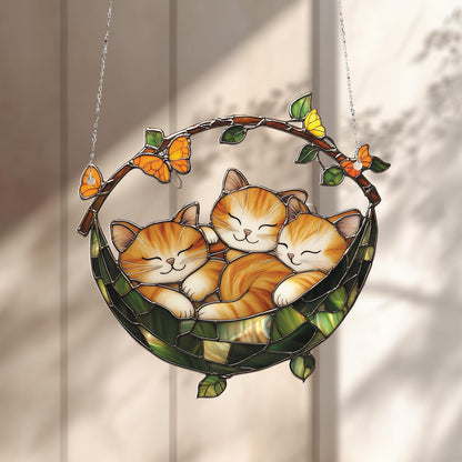 Adorable Three Cats Window Hanging with Butterflies, Cozy and Cute Feline Decor Gift for Cat Lovers and Warm Home Decoration