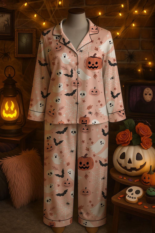 Cute Ghost Pumpkin Bat Spider Web Sleepwear, Halloween Pajama Set, Spooky Fall Loungewear, Holiday Themed Matching PJs, Cozy Season Pajamas  Pajamas Set