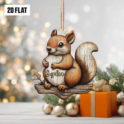 Personalized Squirrel 2D Flat Ornament, Custom Name Squirrel Decoration, Cute Tree Ornament, Woodland Animal Holiday Decor, Animal Lover