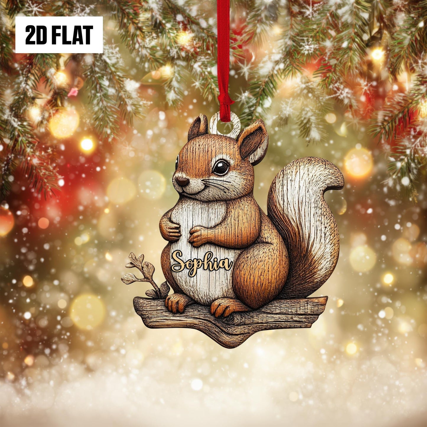 Personalized Squirrel 2D Flat Ornament, Custom Name Squirrel Decoration, Cute Tree Ornament, Woodland Animal Holiday Decor, Animal Lover