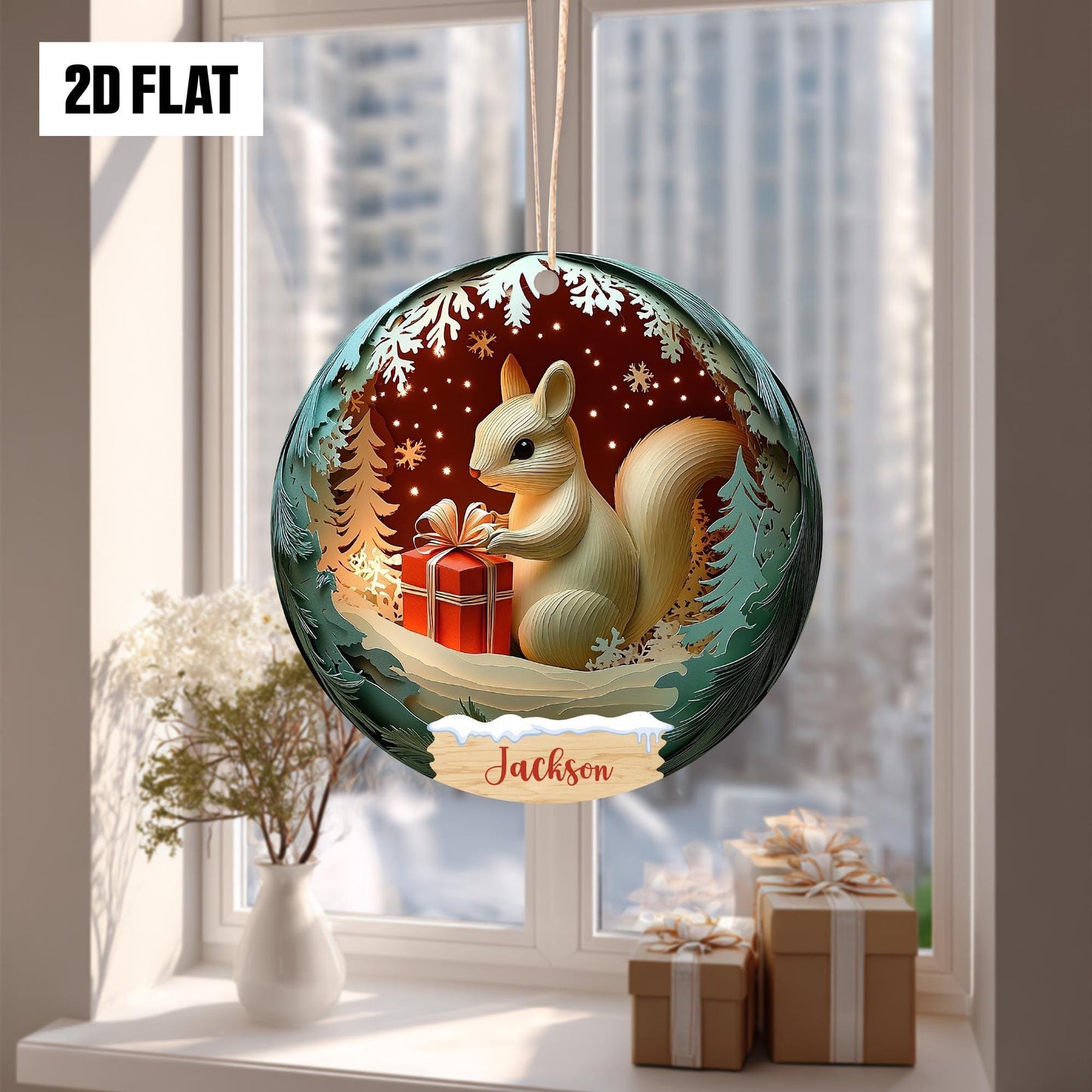Personalized Squirrel Holding Presents 2D Flat Ornament, Squirrel Paper Cut Effect Christmas Ornament, Squirrel Christmas Home Decoration