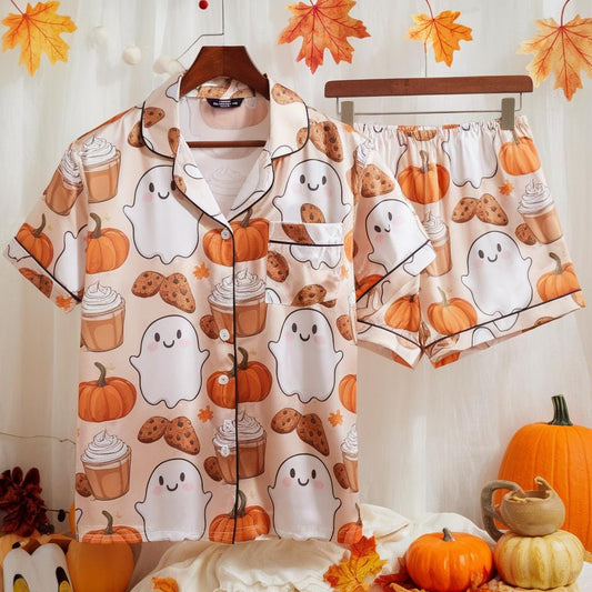 Cute Ghost Pumpkin Satin Pajamas Set, Ghost Pajamas, Coffee Cozy Fall Aesthetic Pajamas, Autumn Pajamas, Halloween Pajamas, Spooky Season