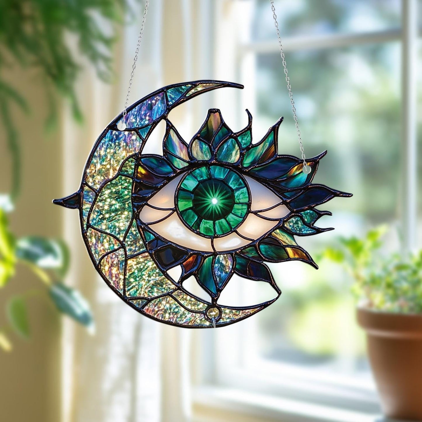 Mystical Moon And Eye Window Hanging With Shimmering Emerald Tones, Artistic Accent For A Unique And Enchanting Space