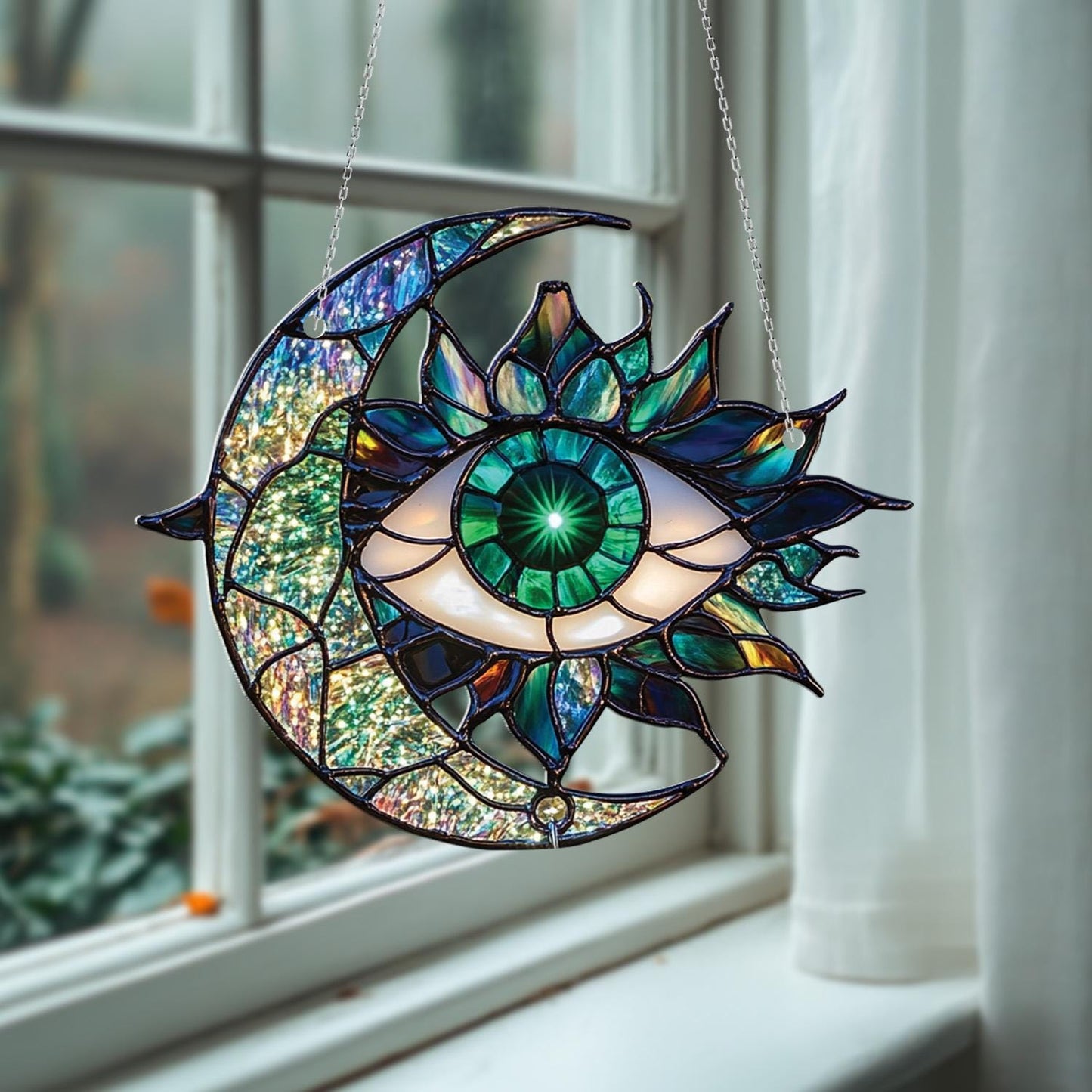 Mystical Moon And Eye Window Hanging With Shimmering Emerald Tones, Artistic Accent For A Unique And Enchanting Space