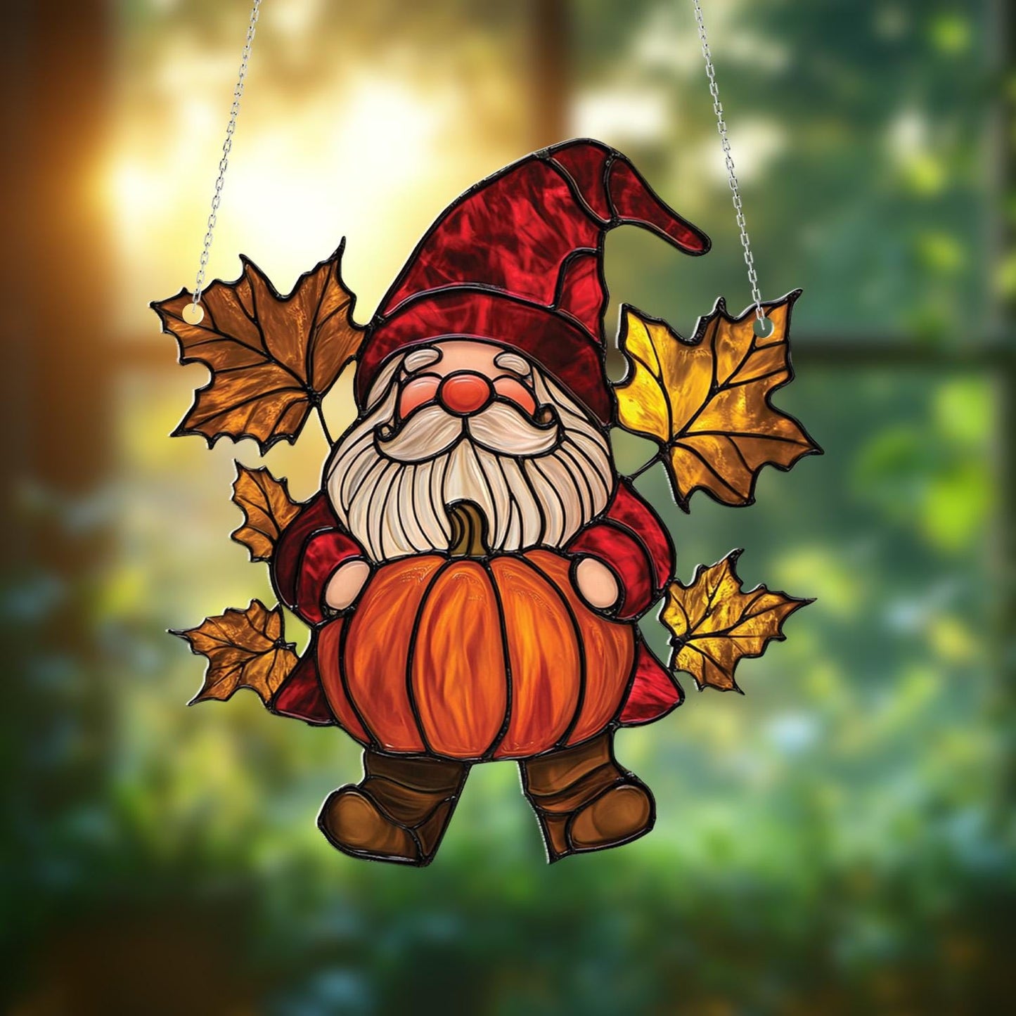 Autumn Gnome With Pumpkin And Golden Maple Leaves Window Hanging, Cozy Seasonal Accent For Warm And Festive Home Décor