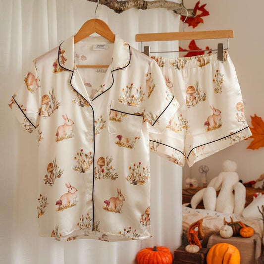 Rabbit and Wild Flowers Satin Pajamas Set, Rabbits Pajamas, Autumn Pajamas, Cozy Fall Aesthetic  Pajamas, Nature Lovers Pjs, Cozy Season Pjs