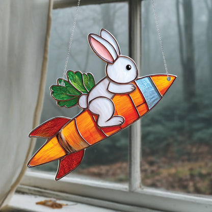 Adorable Bunny Riding Carrot Rocket Window Hanging, Whimsical Springtime Décor For Cute And Playful Home Or Nursery Accent