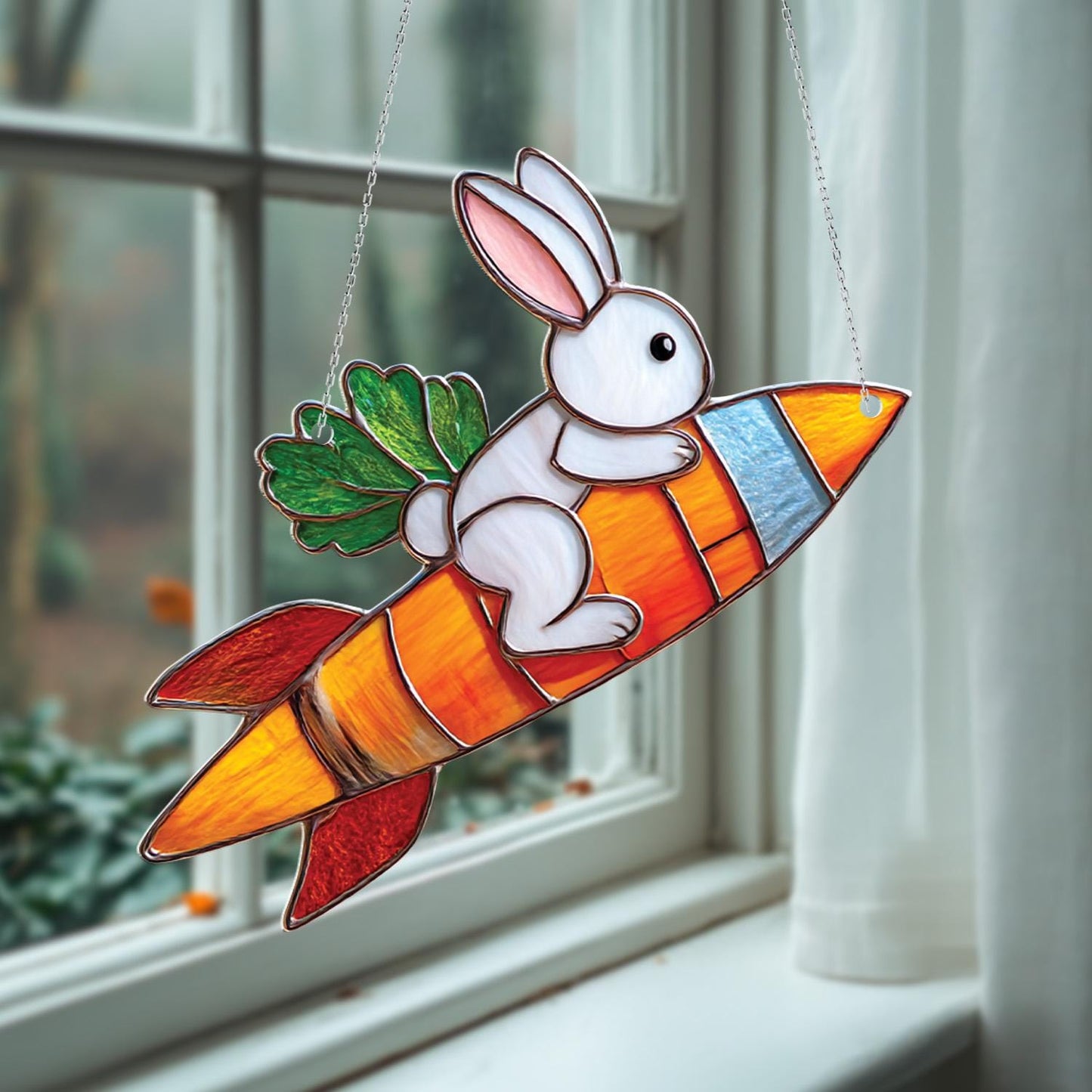 Adorable Bunny Riding Carrot Rocket Window Hanging, Whimsical Springtime Décor For Cute And Playful Home Or Nursery Accent