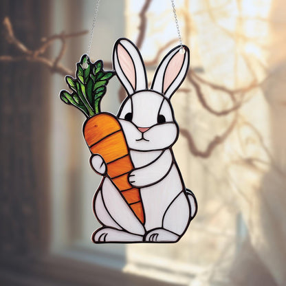 Adorable White Bunny Holding Carrot Window Hanging, Charming Springtime Décor For Playful, Cute, And Whimsical Home Or Nursery Accent