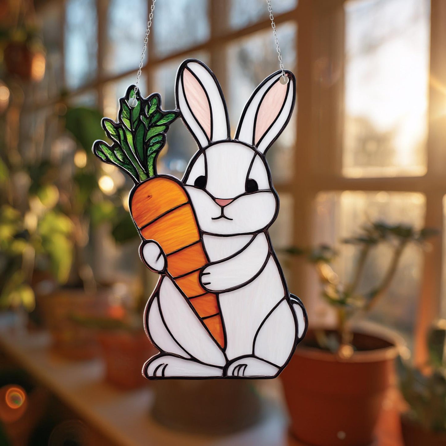 Adorable White Bunny Holding Carrot Window Hanging, Charming Springtime Décor For Playful, Cute, And Whimsical Home Or Nursery Accent