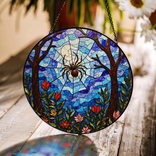 Suncatcher stained glass spider web forest flowers gift for mom Halloween gift
