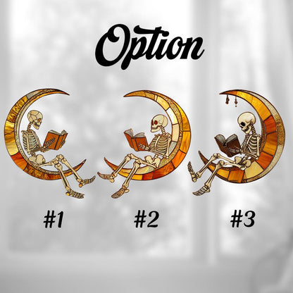 Skeleton Reading On Crescent Moon Window Hanging, Unique Gothic And Whimsical Décor For Halloween, Book Lovers, And Artistic Spaces