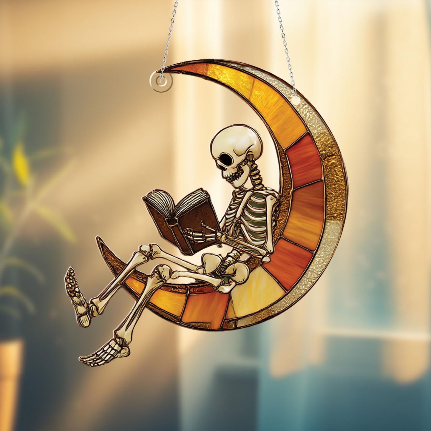 Skeleton Reading On Crescent Moon Window Hanging, Unique Gothic And Whimsical Décor For Halloween, Book Lovers, And Artistic Spaces
